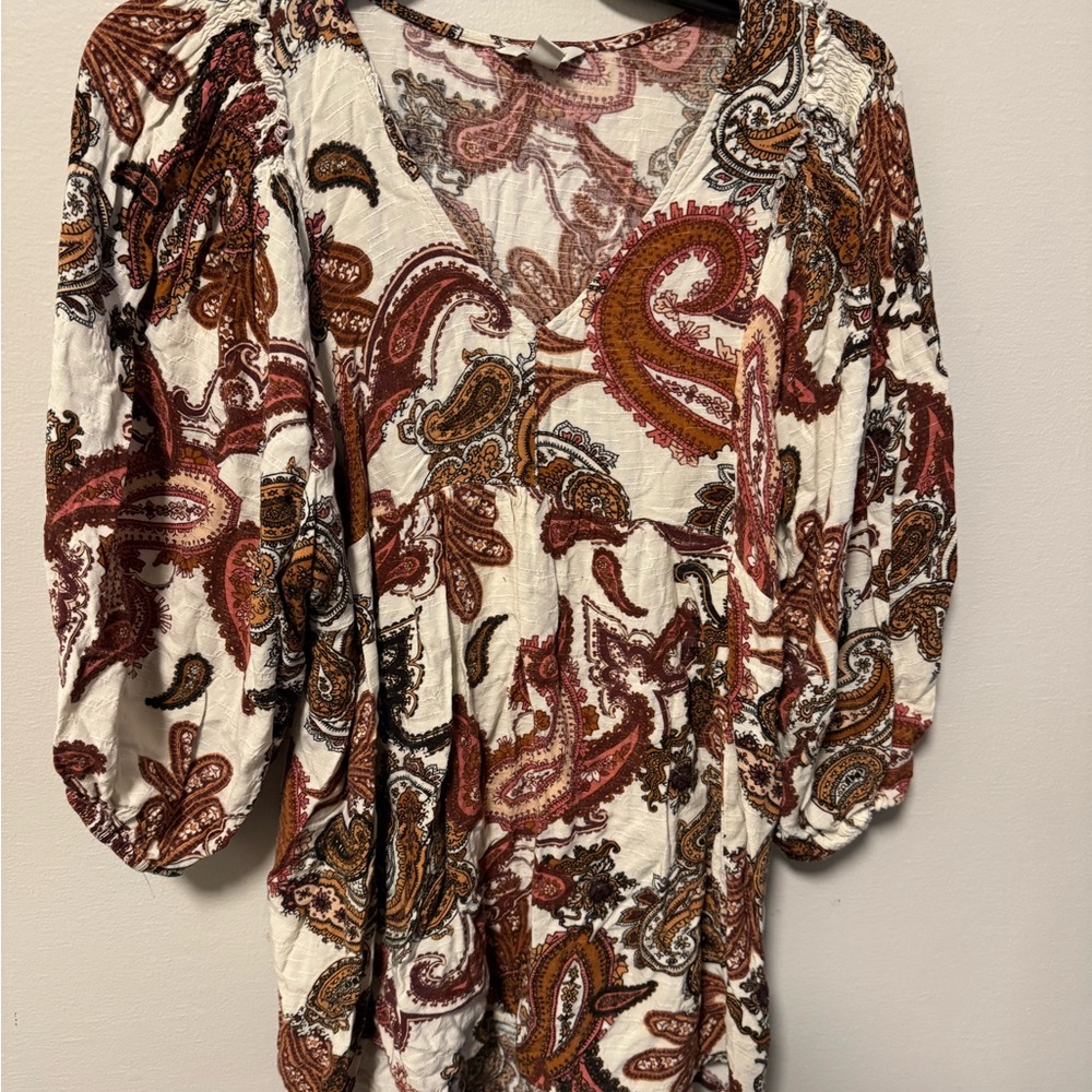 Cato Red and Orange Puff Sleeve Ruched Blouse